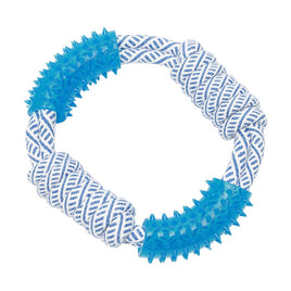 Blue and white rope ring tooth cleaning rubber ball