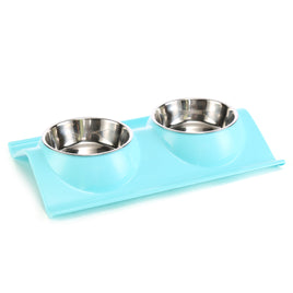 DOUBLE DINING PET FEEDER WITH STAINLESS STEEL BOWL & NON SLIP RUBBER BOTTOM-BLUE -38*25*7.5cm