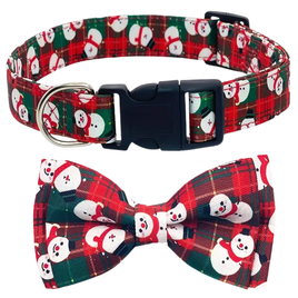 Festive Christmas Dog Collar with Detachable Bow Tie (Snowman) - Medium