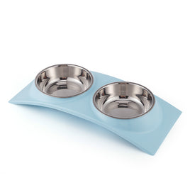 DOUBLE DINING PET FEEDRER WITH STAINLESS STEEL BOWL & NON SLIP RUBBER BOTTOM-BLUE -38.5*16.7*5cm