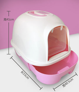 Semi-automatic Hooded Cat Litter Box With Handle Detachable Flip Pink