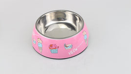 Melamine Lazy Cat Pattern Stainless Steel bowl with anti-slip circle on the bottom-Pink
