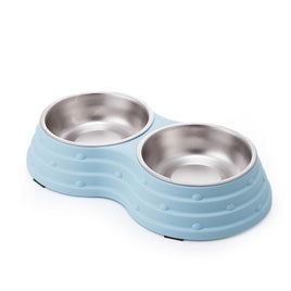 DOUBLE DINING PET FEEDER WITH STAINLESS STEEL BOWL & NON SLIP RUBBER BOTTOM-BLUE -41.5*22*7cm